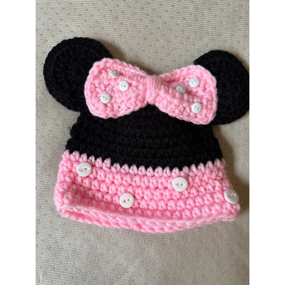 Handmade Minnie Mouse Crochet Beanie Kids One Pink Black Excellent‎ Button Bow